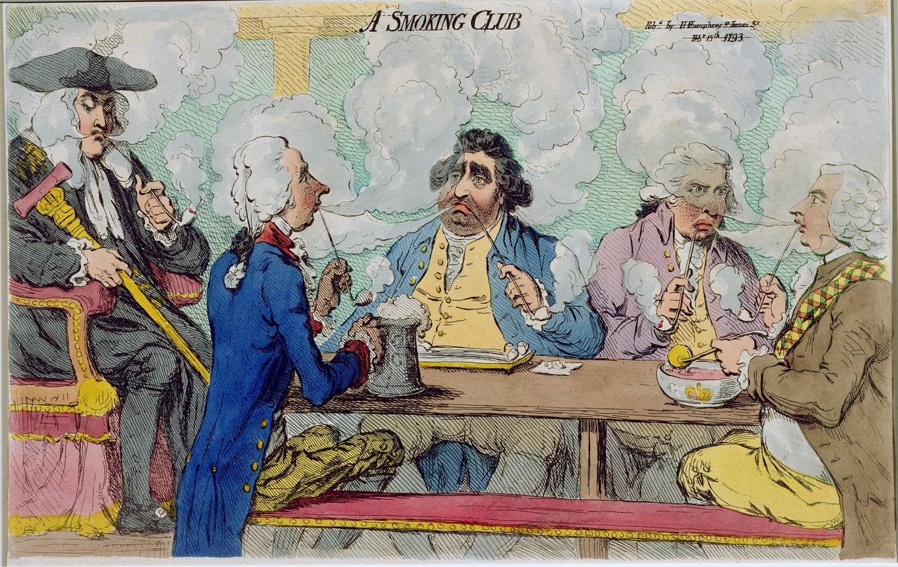A Smoking Club, vydané Hannah Humphrey v roce 1793 (ručně kolorovaný lept) od James Gillray