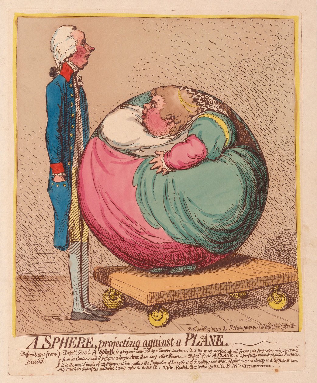 Koule vyčnívající proti letadlu, hospoda. 1792 (ručně kolorovaná rytina) od James Gillray