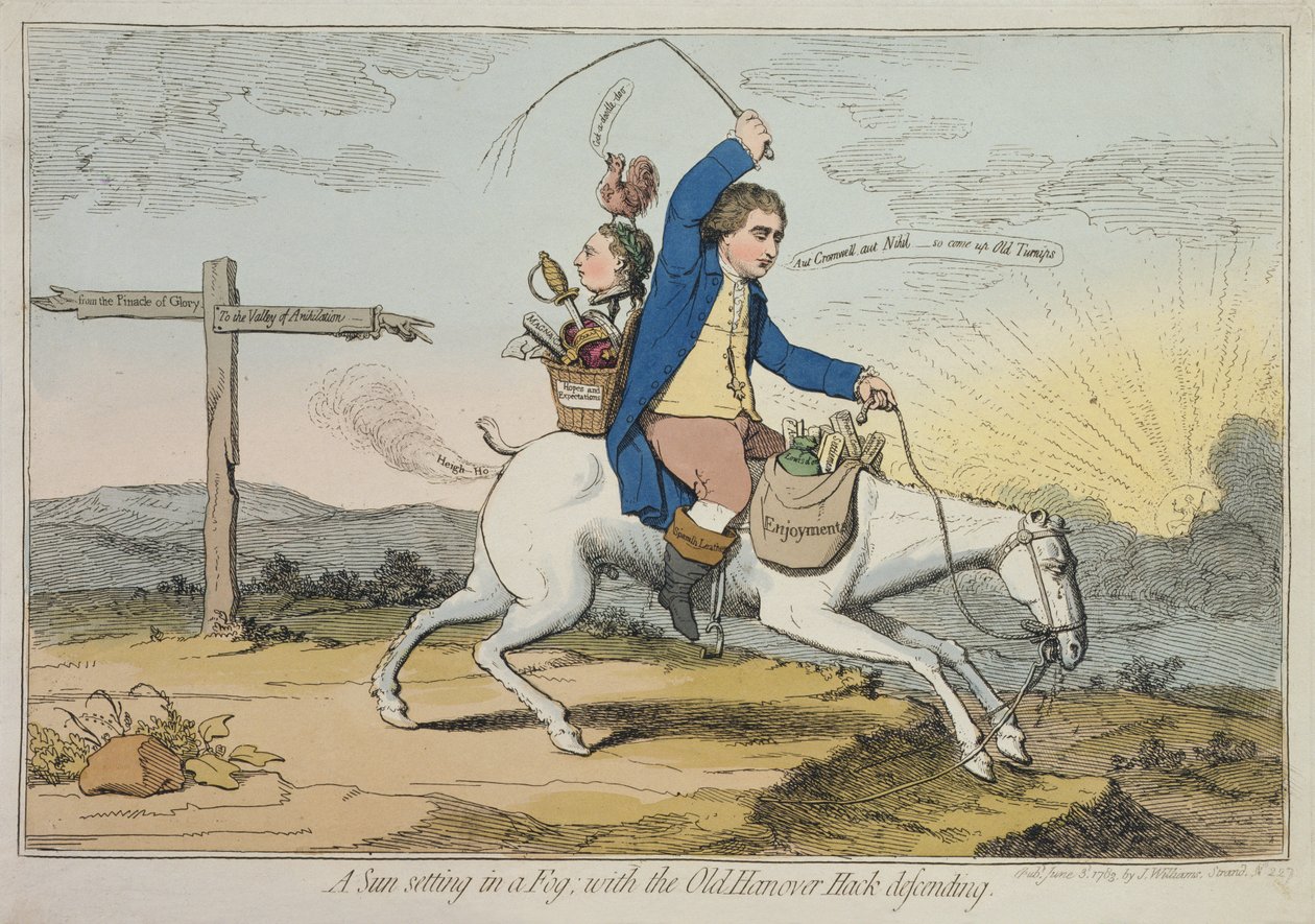 Západ slunce v mlze, s obranou Old Hanover Hack, publikoval J. Williams v roce 1783 (ručně kolorovaný lept) od James Gillray