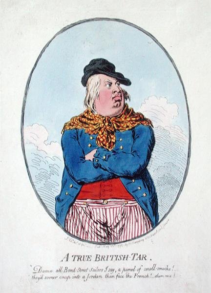 A True British Tar, publikovala Hannah Humphrey v roce 1795 (ručně kolorovaný lept) od James Gillray