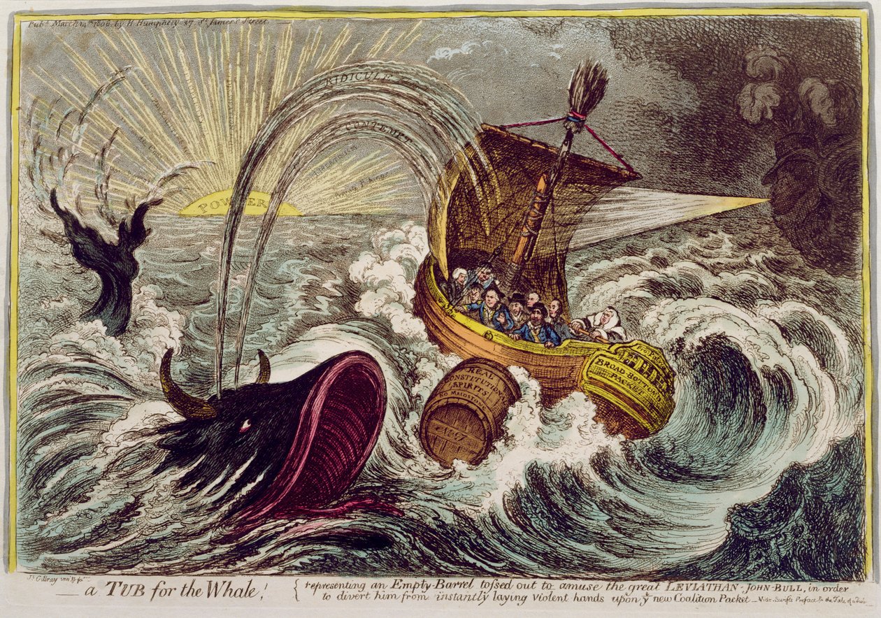 Vana pro velrybu! vydal Hannah Humphrey v roce 1806 (ručně kolorovaný lept) od James Gillray