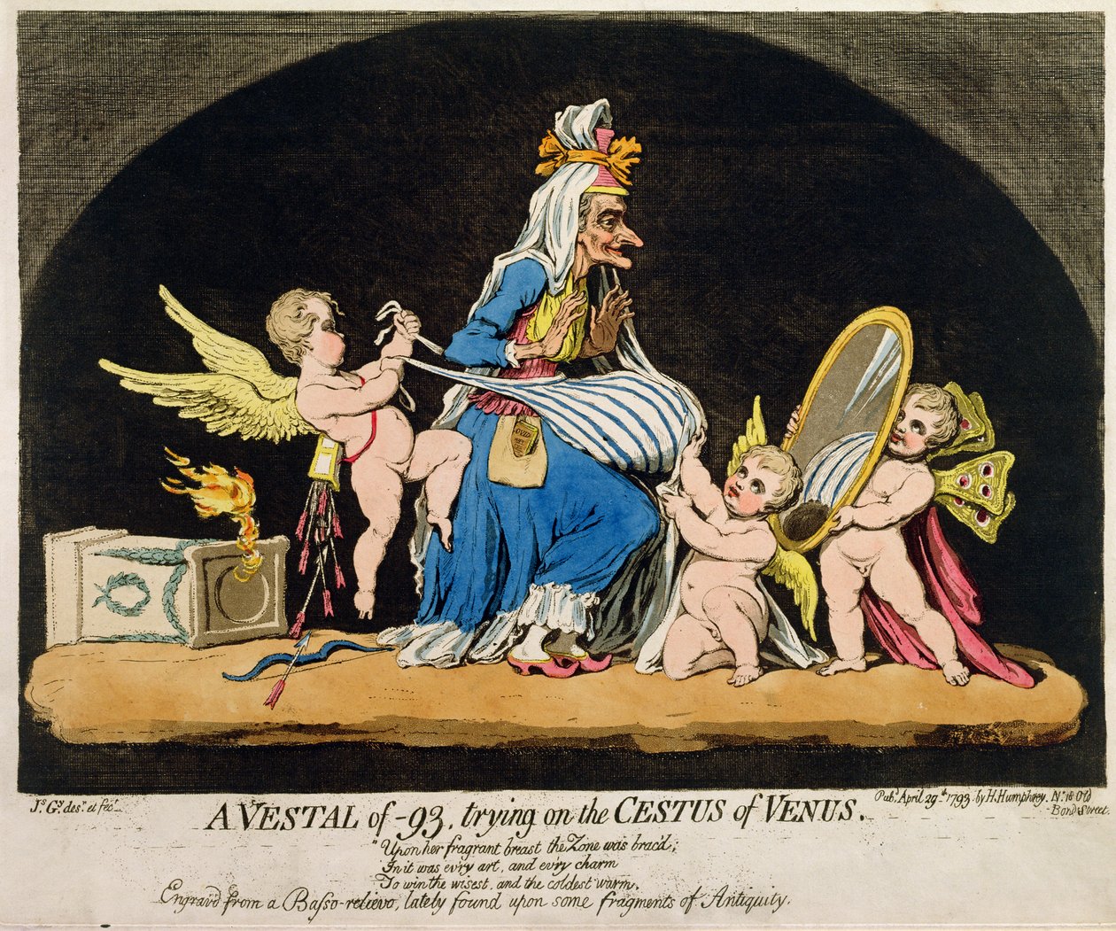 Vestal of -93 snažící se o Cestus z Venuše, kterou vydala Hannah Humphrey v roce 1793 (ručně kolorovaný lept a rytina s akvatintou) od James Gillray