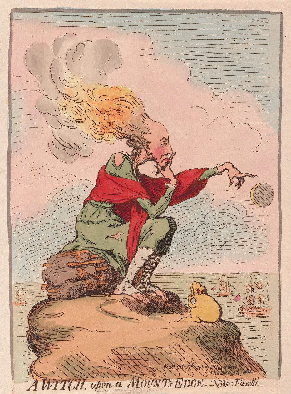 Čarodějnice na okraji hor; vide; Fuzelli, hospoda. 1791 (ručně kolorovaná rytina) od James Gillray