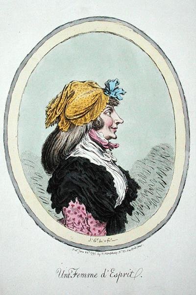 Žena s duchem, publikovala Hannah Humphrey v roce 1795 (ručně kolorovaný lept) od James Gillray