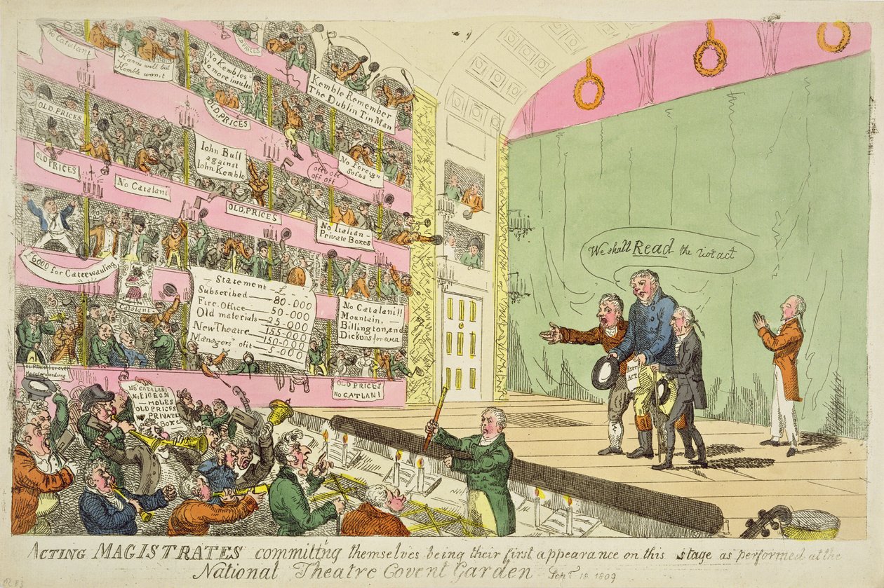 Hrající smírčí soudci se zavazují a jsou jejich prvním vystoupením v Národním divadle v Covent Garden od James Gillray