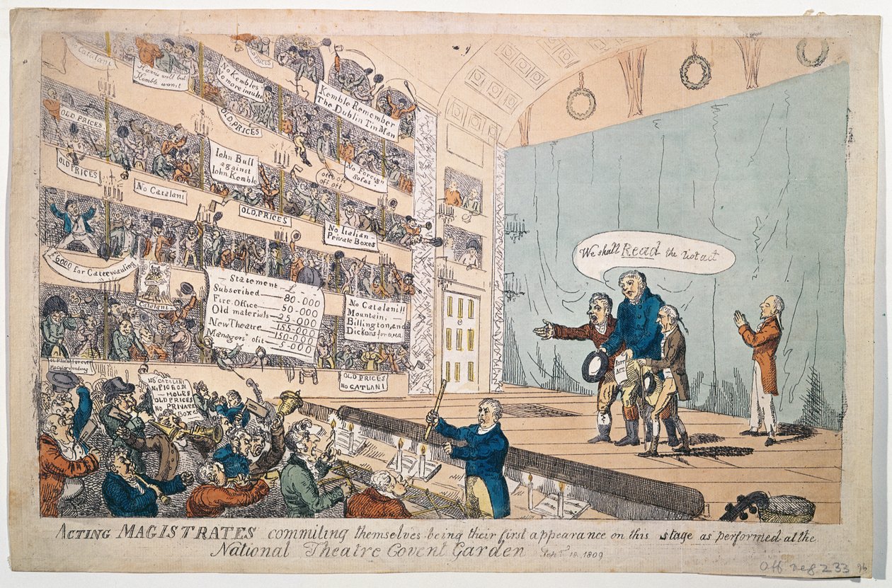 Hrající smírčí soudci se zavazují, protože se poprvé objevili v Národním divadle v Covent Garden, vydané v roce 1809 (ručně kolorovaný lept) od James Gillray