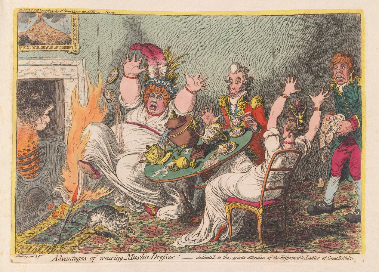 Výhody nošení mušelínových šatů!, hospoda. 1802 (ručně kolorovaná rytina) od James Gillray