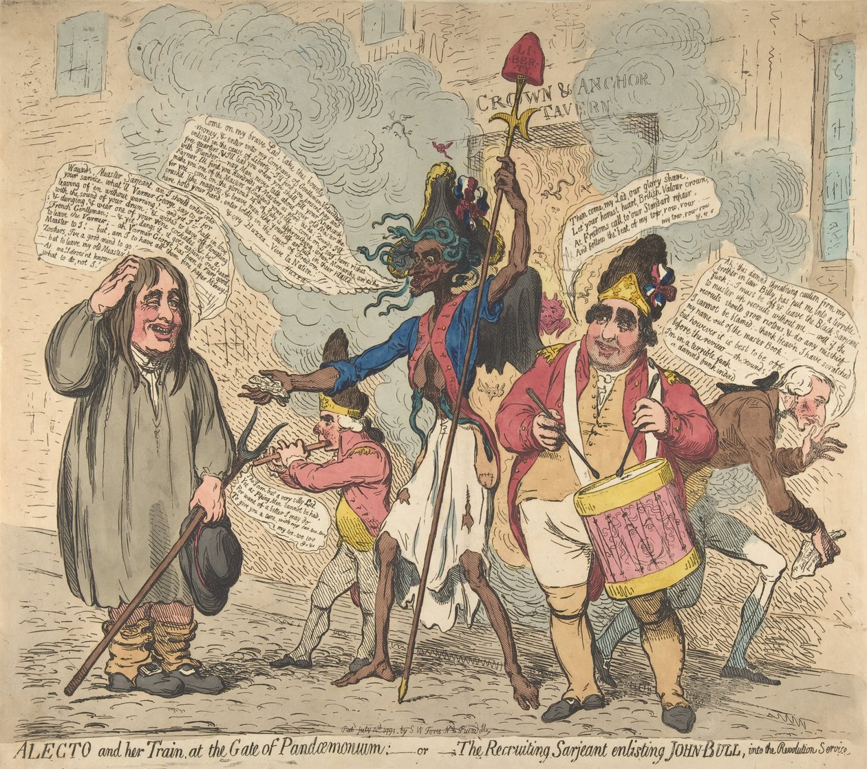 Alecto a její vlak, u brány Pandaemonia:-or-The Recruiting Sarjeant Enli..., 4. července 1791. od James Gillray