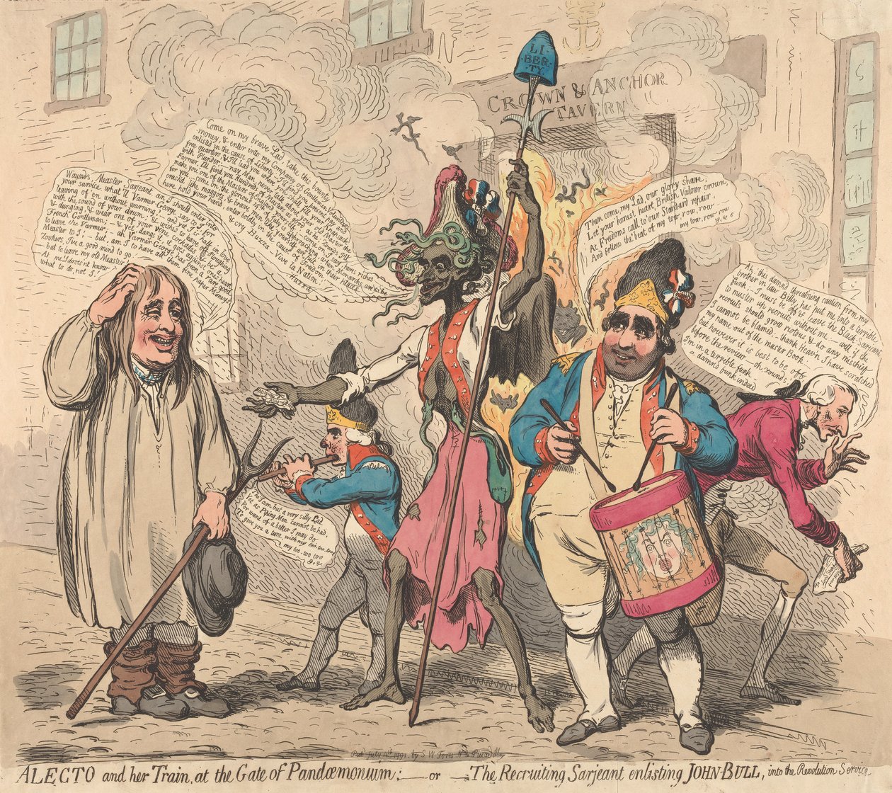Alekto a její družina u brány Pandemonia - aneb - Náborový seržant verbující Johna Bulla do revoluční služby od James Gillray