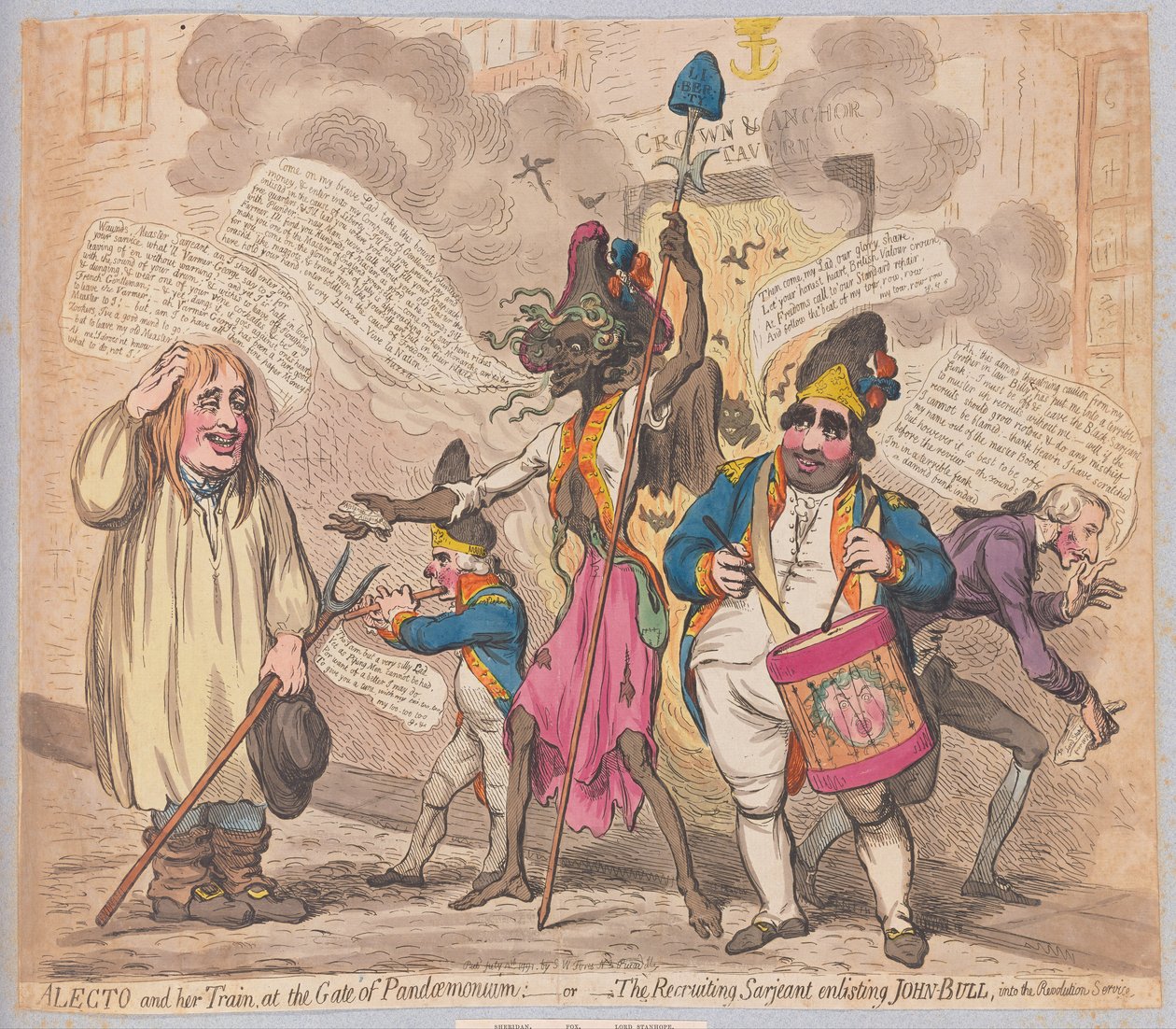 Alecto a její vlak u brány Pandaemonia aneb The Recruiting Sarjeant zajímající Johna Bulla do Revolution Service, hospoda. (ručně kolorovaná rytina) od James Gillray