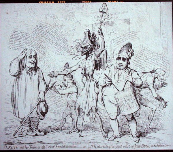 Alecto a její vlak u brány Pandemonium aneb The Recruiting Serjeant, který získává Johna Bulla do Revolution Service, vydaný S.W. Fores v roce 1791 (lept) od James Gillray
