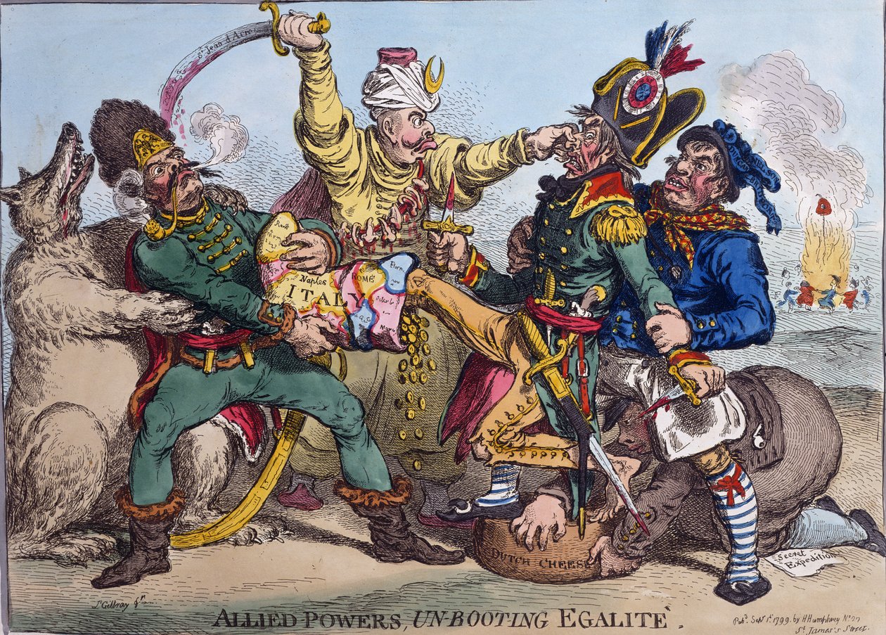 Allied Powers Un-Booting Egalite, publikovala Hannah Humphrey v roce 1799 (ručně kolorovaný lept) od James Gillray
