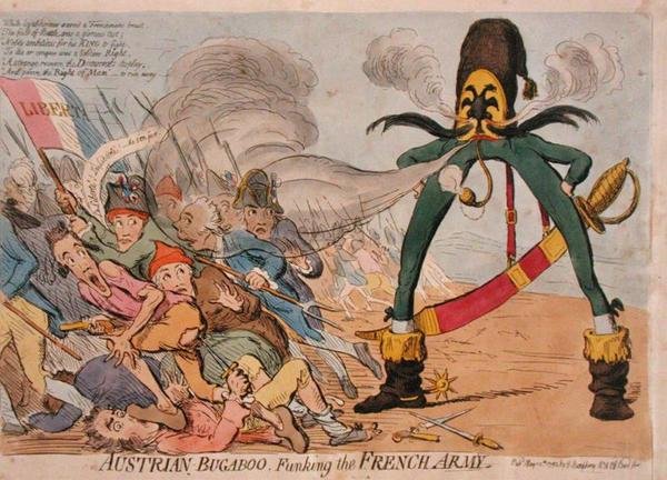 Rakouský Bugaboo útočí na francouzskou armádu, publikoval Hannah Humphrey v roce 1795 (ručně kolorovaný lept) od James Gillray