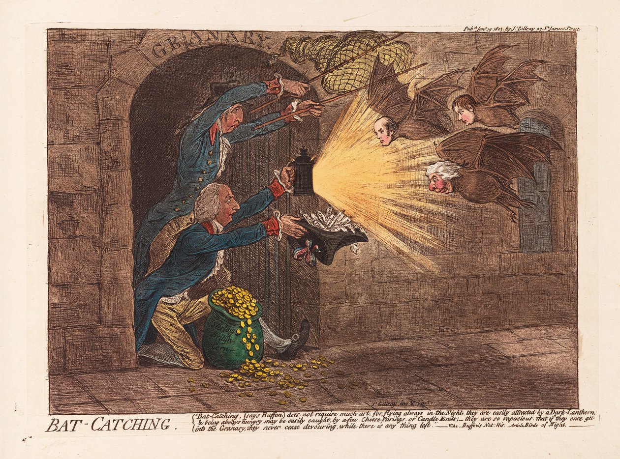 Chytání netopýrů, hospoda. 1803 (ručně kolorovaná rytina) od James Gillray