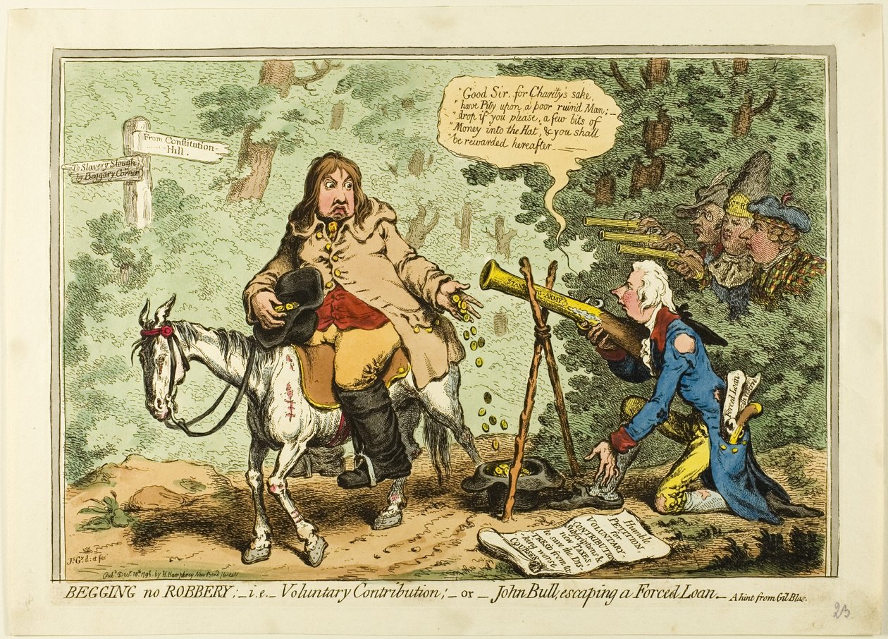 Žebrání není loupež; tj. dobrovolný příspěvek aneb John Bull uniká nucené půjčce od James Gillray
