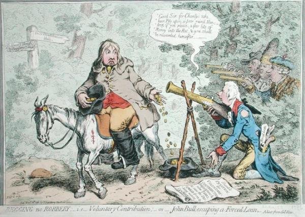 Žebrání bez loupeže: Dobrovolný příspěvek aneb John Bull uniká nucené půjčce, vydala Hannah Humphrey v roce 1796 (ručně kolorovaný lept) od James Gillray