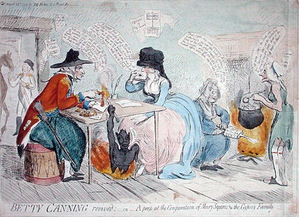 Betty Canning oživená aneb A peep at the conjuration of Mary Squires & the Gypsy Family, vydané J. M. Forbesem v roce 1791 (ručně kolorovaný lept) od James Gillray
