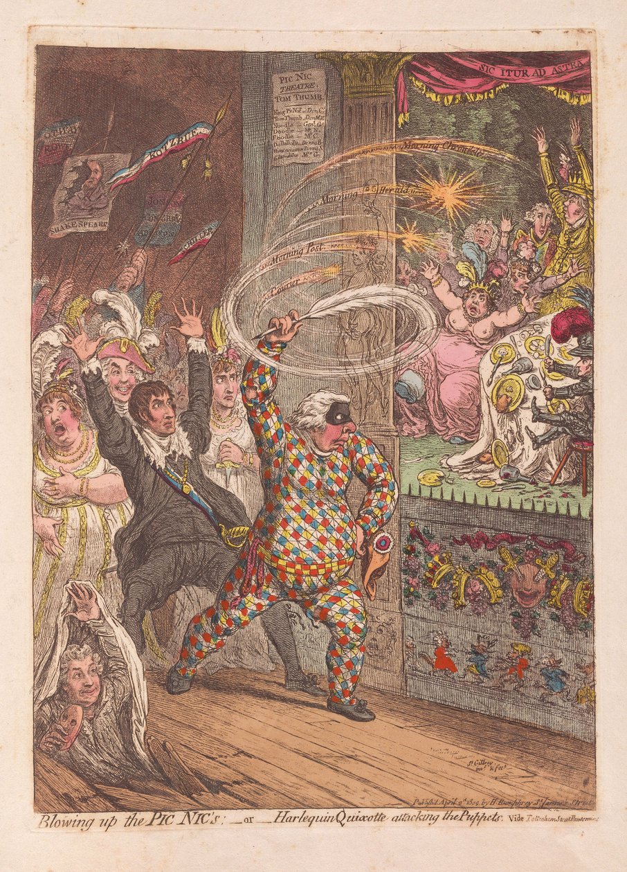 Vyhodit do povětří Pic Nics nebo Harlekýna Quijota útočícího na Puppets, hospoda. 1804 (ručně kolorovaná rytina) od James Gillray