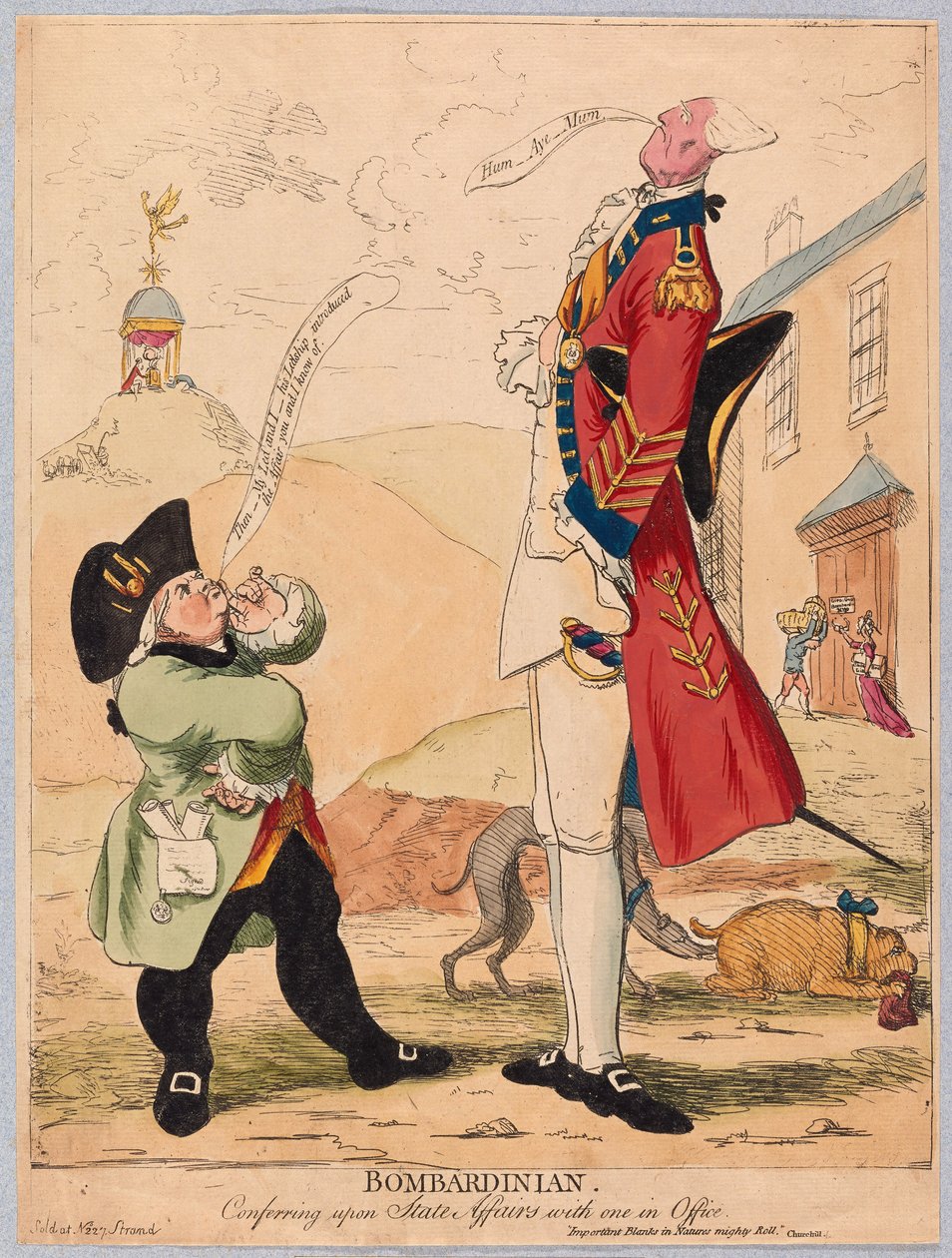 Bombardin, jednající o státních záležitostech s jedním v kanceláři, hospoda. 1779 (ručně kolorovaná rytina) od James Gillray
