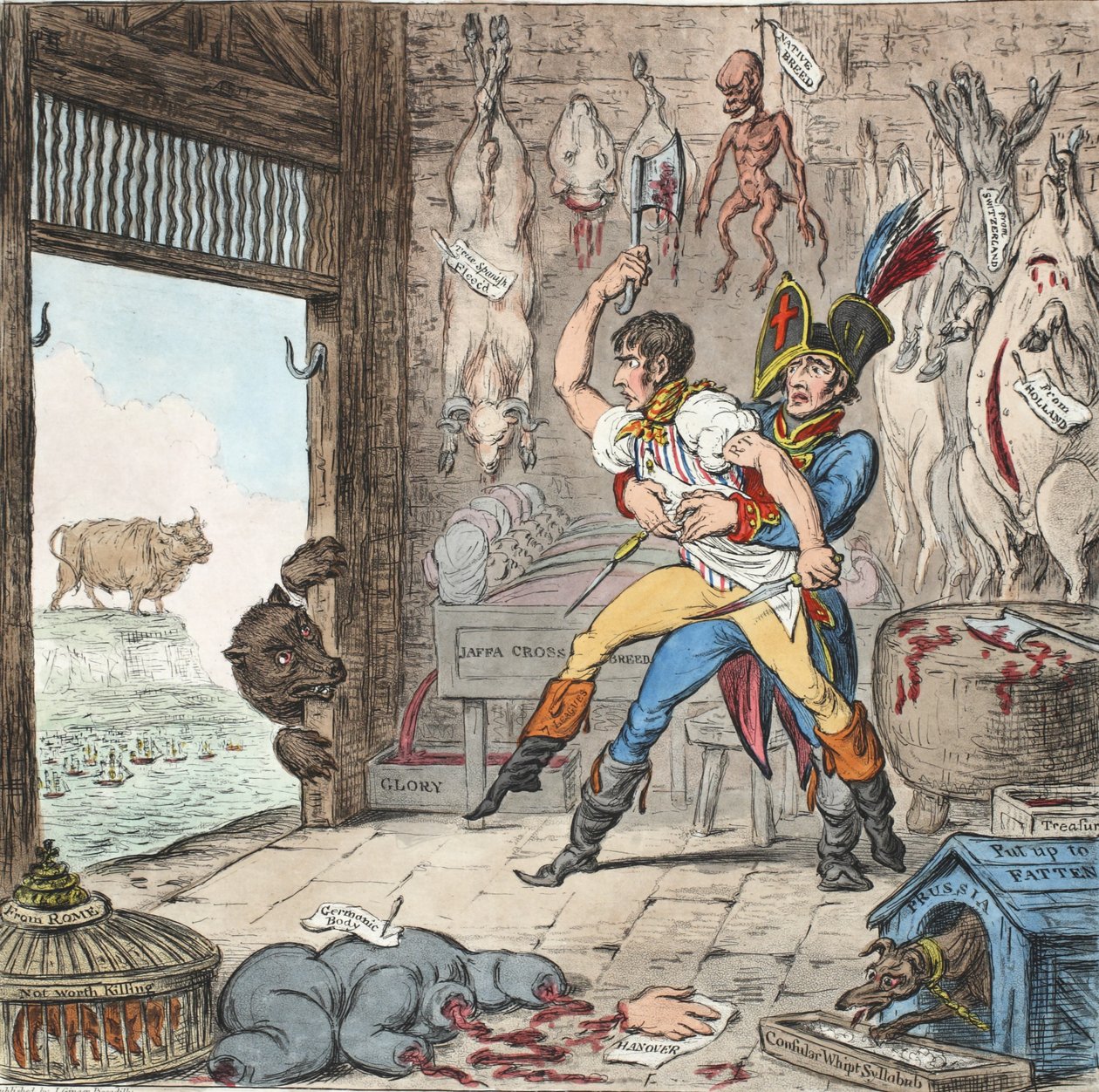 Boney and Talley, Den zúčtování korsických jatečných řezníků – žádný čtvrtletní den!, pb. 1803 (ručně kolorovaná rytina) od James Gillray
