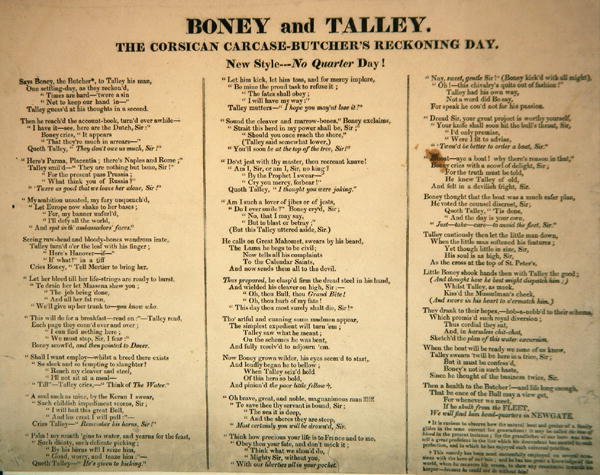 Boney and Talley, The Corsican Carcase - Butchers Reckoning Day, publikovala Hannah Humphrey, 1803 (text balady doprovázející 253713) od James Gillray