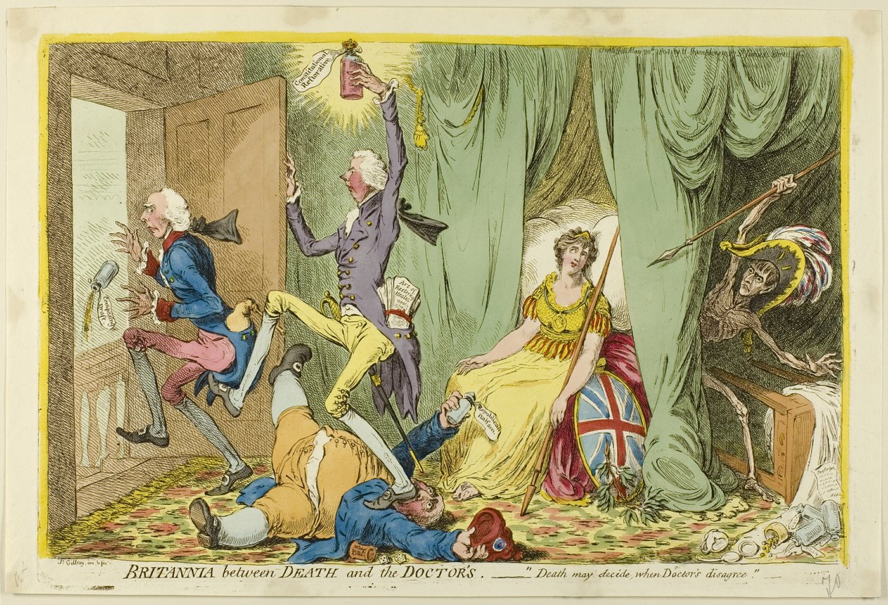 Británie mezi smrtí a lékaři od James Gillray