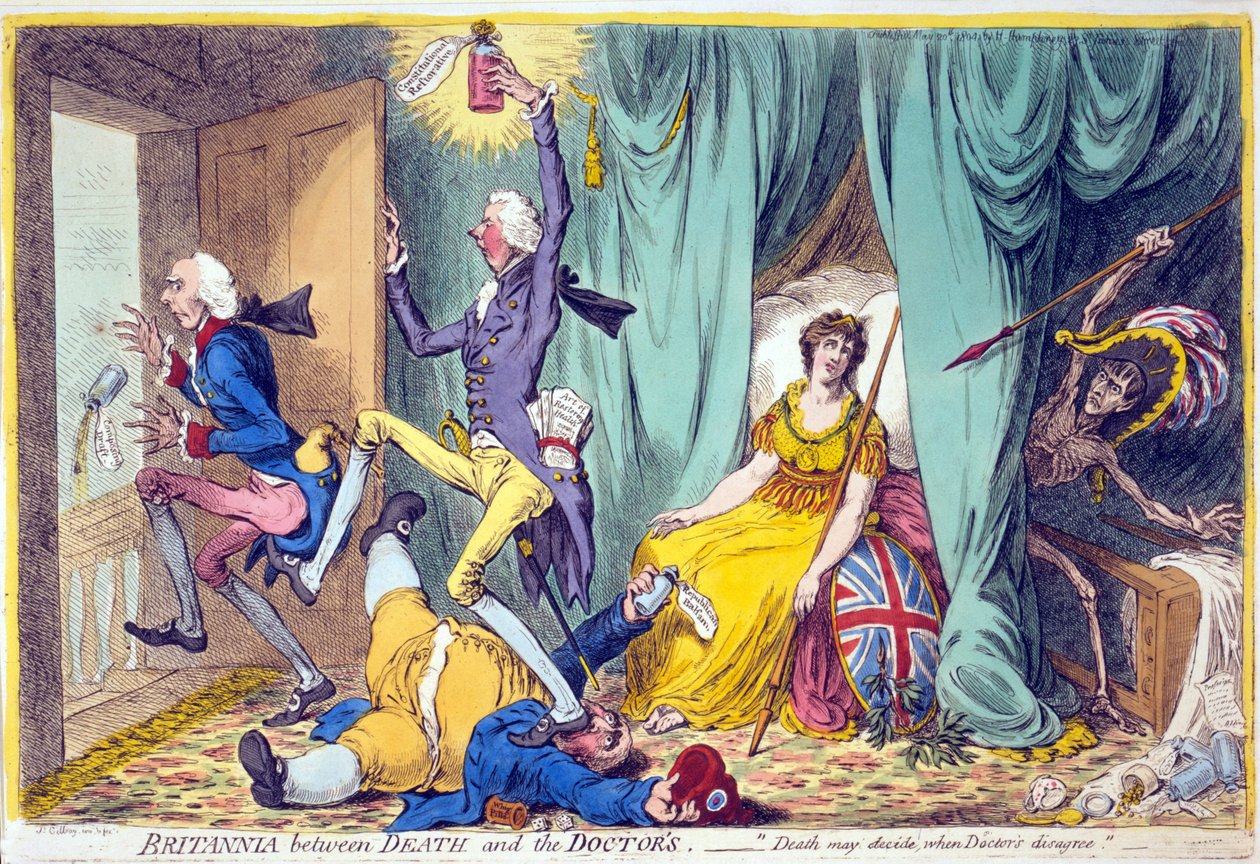 Britannia mezi smrtí a lékaři, hospoda. Hannah Humphrey, 20. května, 1804 (ručně kolorovaná rytina) od James Gillray