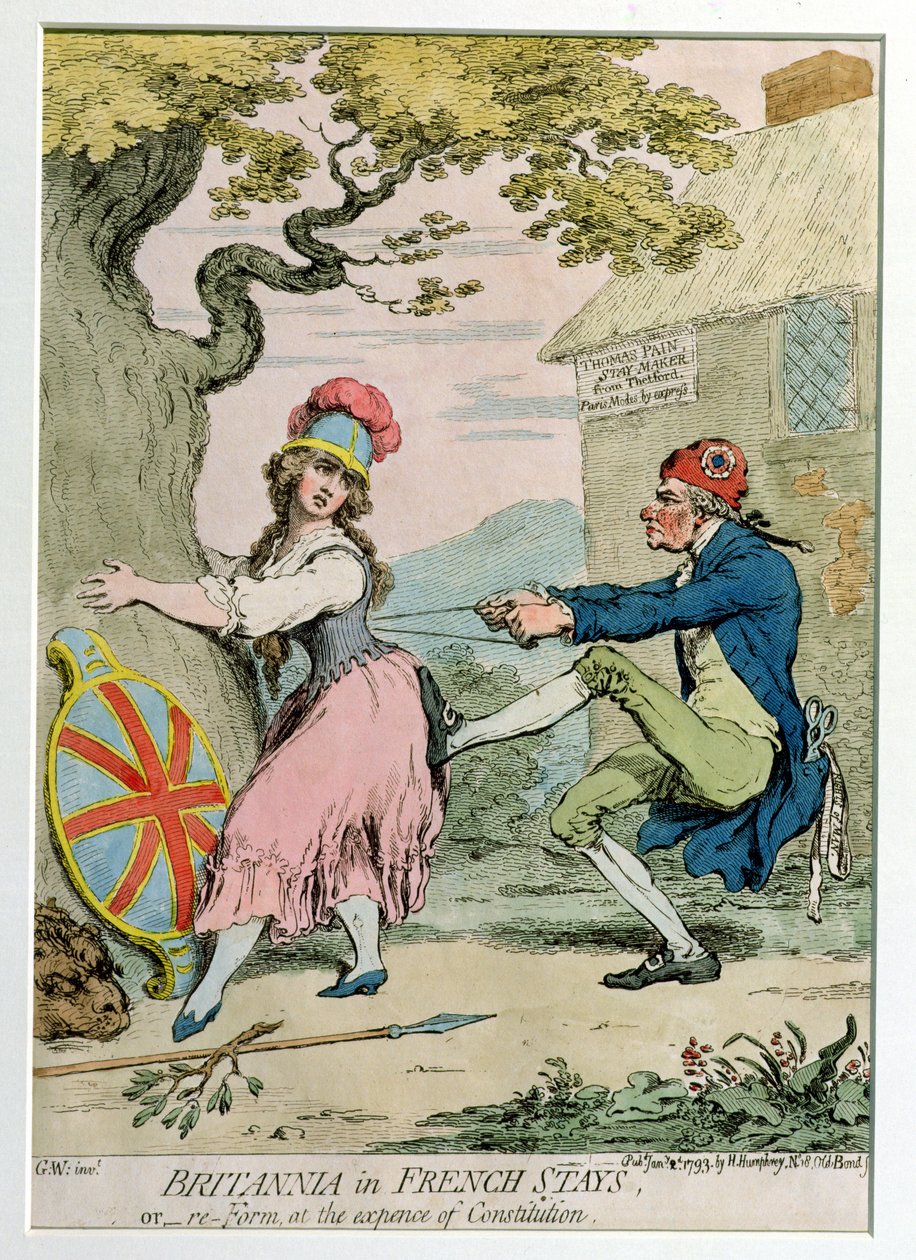 Britannia in French Stays, aneb Re-Form at the Expense of Constitution, publikovala Hannah Humphrey v roce 1793 (ručně kolorovaný lept) od James Gillray
