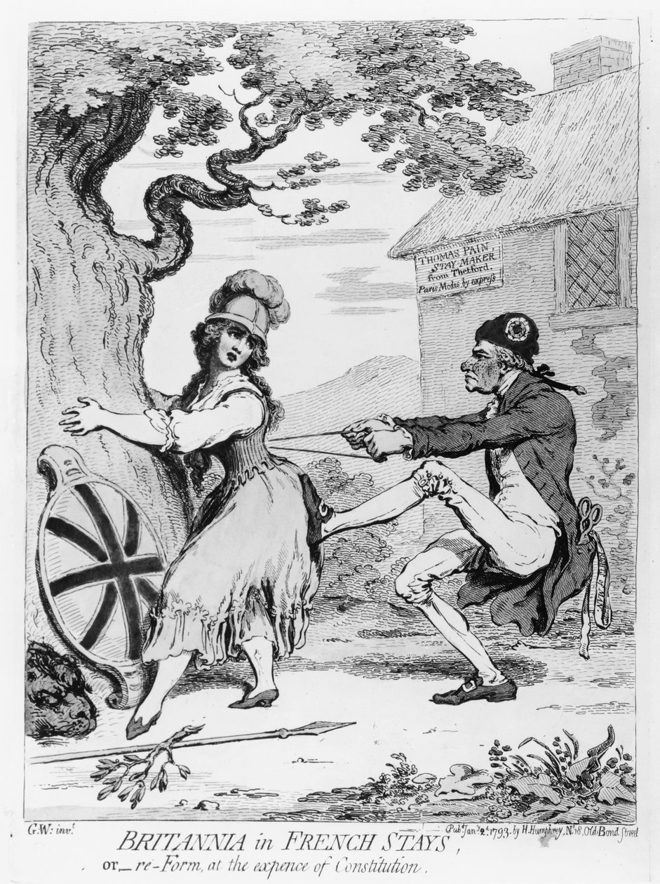 Britannia in French Stays, aneb Re-Form at the Expense of Constitution, publikovala Hannah Humphrey v roce 1793 (lept) od James Gillray