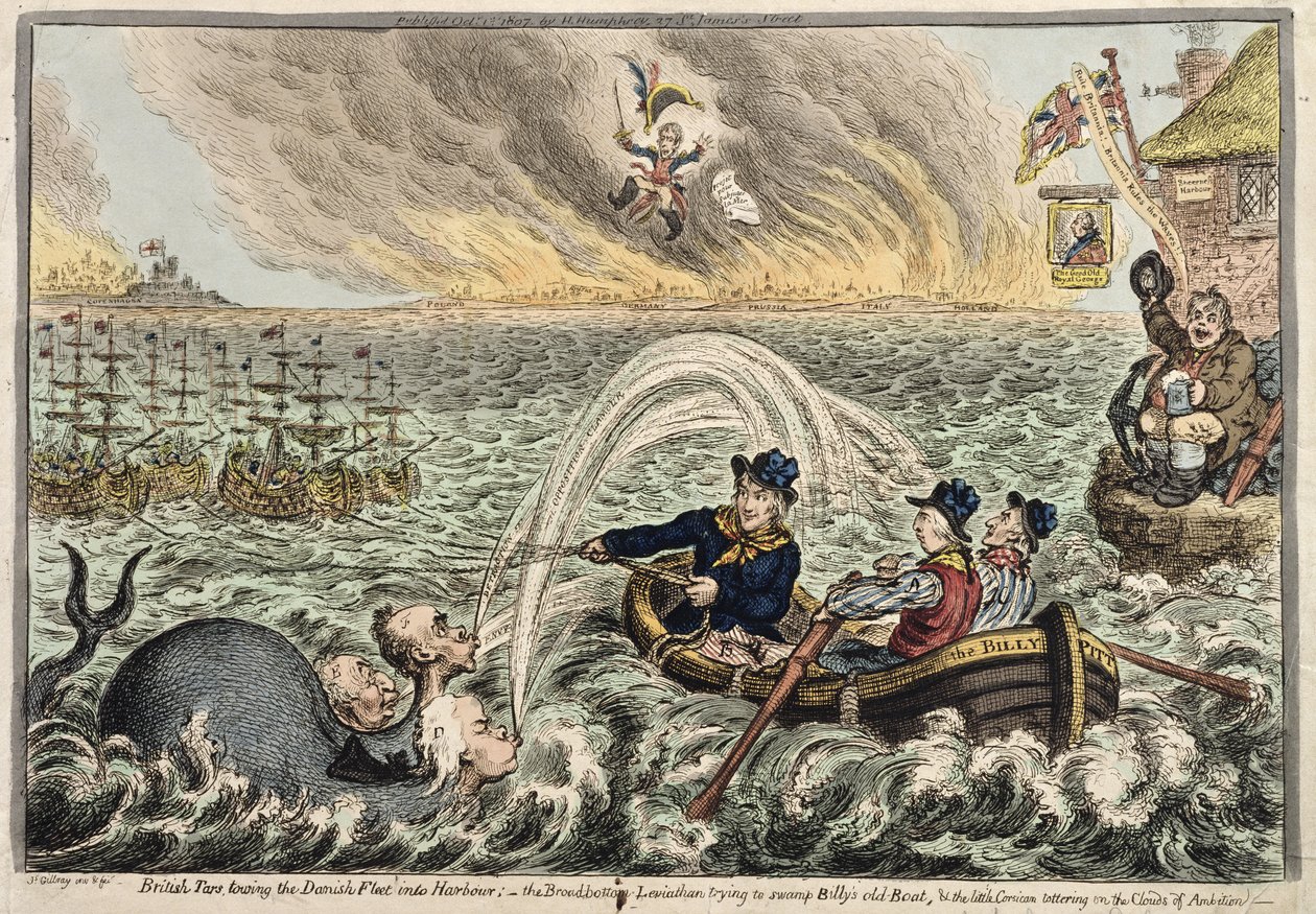 Britští dehťáci táhnoucí dánskou flotilu do přístavu nebo The Broadbottom Leviathan snažící se zaplavit Billyho starou loď a malého Korsičana potácejícího se na Clouds of Ambition, 1807 (ručně kolorovaný lept od James Gillray