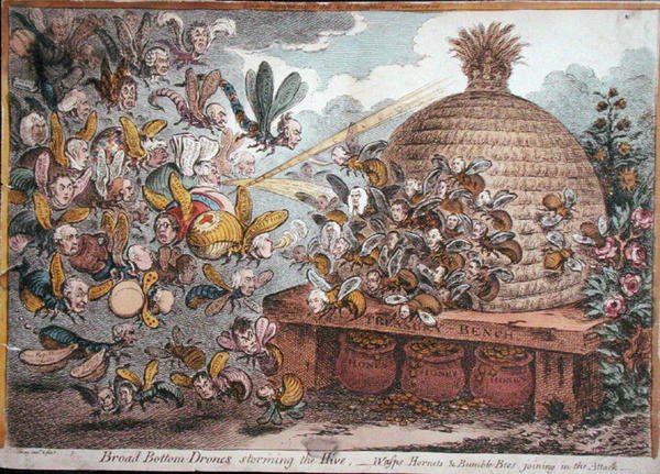 Široké dno drony útočící na úl, vosy, sršni a čmeláci se připojují k útoku, publikovala Hannah Humphrey v roce 1808 (ručně kolorovaný lept) od James Gillray