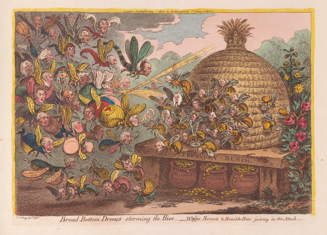 Drones se širokým dnem útočí na Úl: Vosy, sršni a čmeláci se připojují k útoku, hospoda. 1808 (ručně kolorovaná rytina) od James Gillray