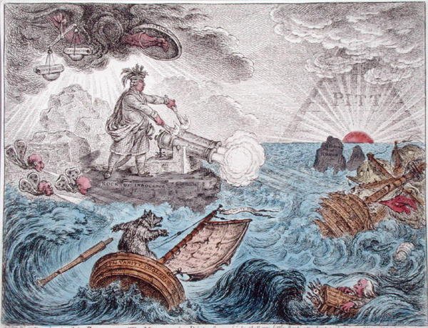 Bruin in his Boat, aneb Manažer v tísni, publikovala Hannah Humphrey v roce 1806 (ručně kolorovaný lept) od James Gillray