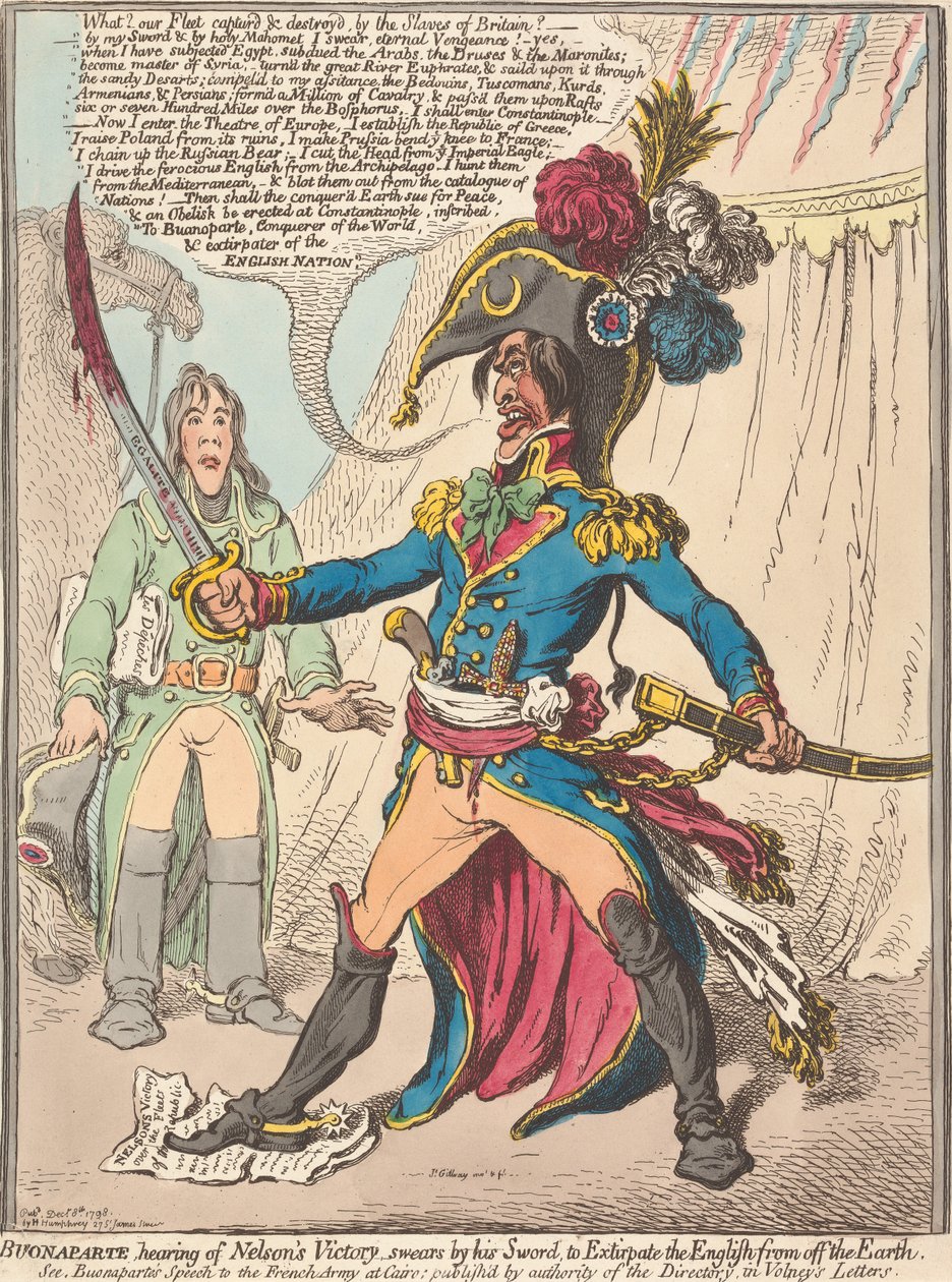 Buonaparte, když se doslechl o Nelsonově vítězství, přísahá na svůj meč, že vyhladí Angličany z povrchu Země (z: Karikatura, sv. 1) od James Gillray