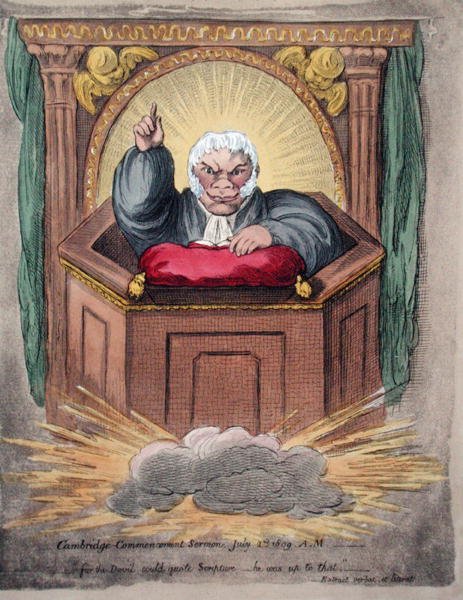 Zahajovací kázání v Cambridge, 2. července 1809 vydal Hannah Humphrey v roce 1809 (ručně kolorovaný lept) od James Gillray