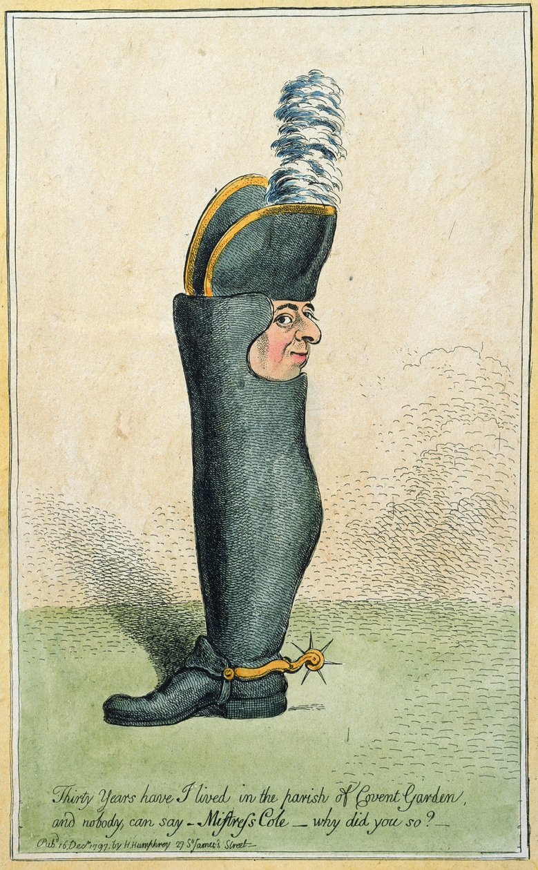 Kreslený film zobrazující plukovníka Justly Watsona s tělem boty, publikoval Hannah Humphrey v roce 1797 (ručně kolorovaný lept) od James Gillray
