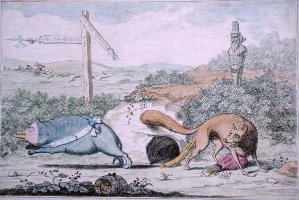 Changing Places, aneb Fox páchnoucí jezevce z jeho hnízda, publikoval William Humphrey v roce 1782 (ručně kolorovaný lept) od James Gillray