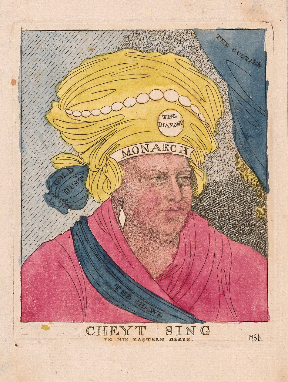 Cheyt Sing ve svých východních šatech, hospoda. 1786 (ručně kolorovaná rytina) od James Gillray