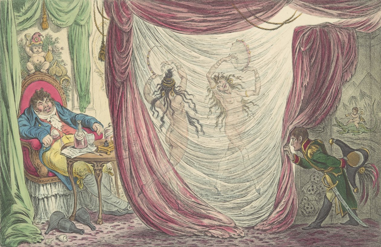 Ci-devant Occupations aneb, Madame Talian a císařovna Josephine Dancing Na..., 20. února 1805. od James Gillray