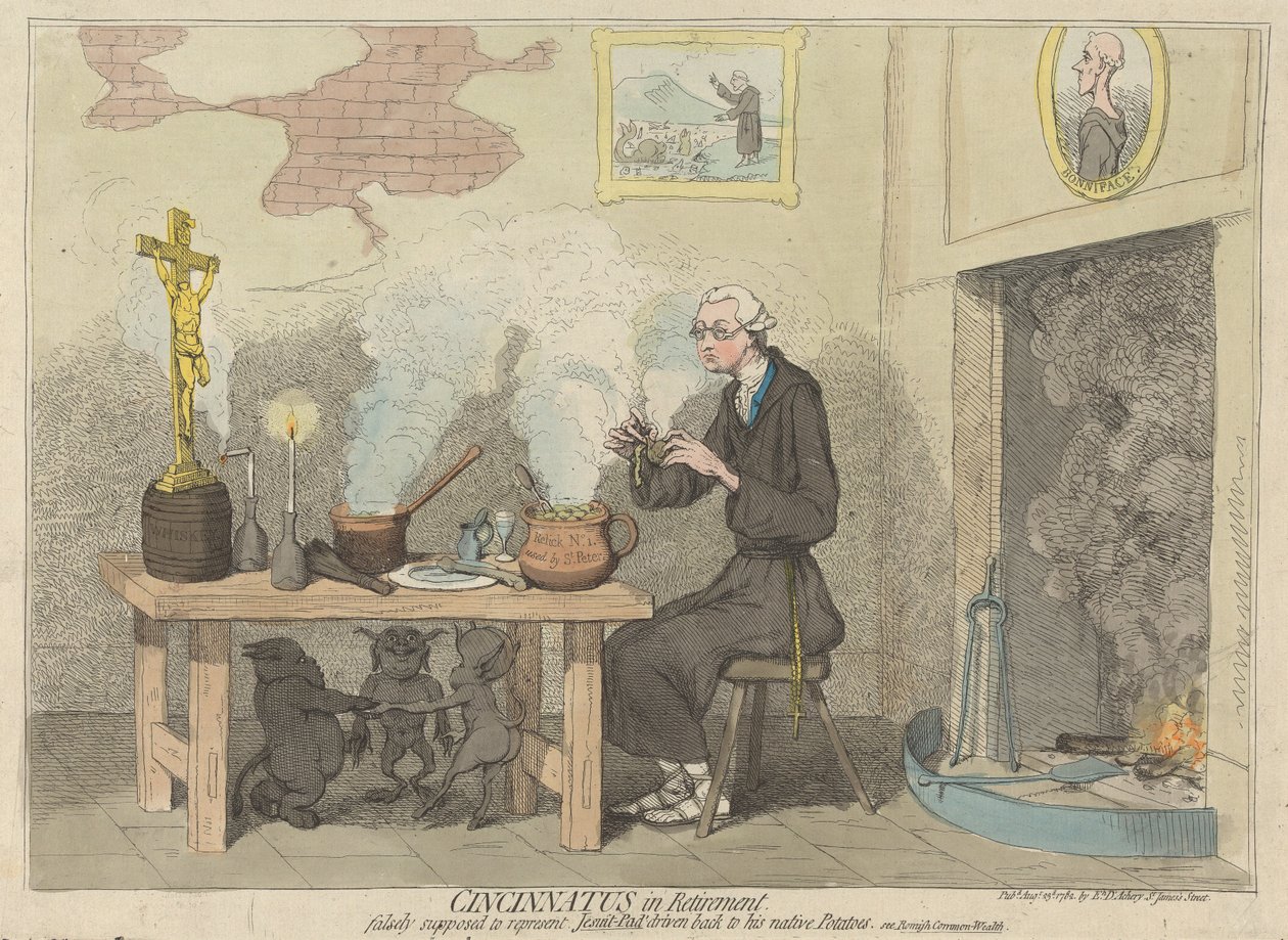 Cincinnatus na odpočinku, mylně pokládaný za zobrazení jezuity-Pada zahnaného zpět k jeho rodným bramborám. (z: Karikatura, sv. 2) od James Gillray
