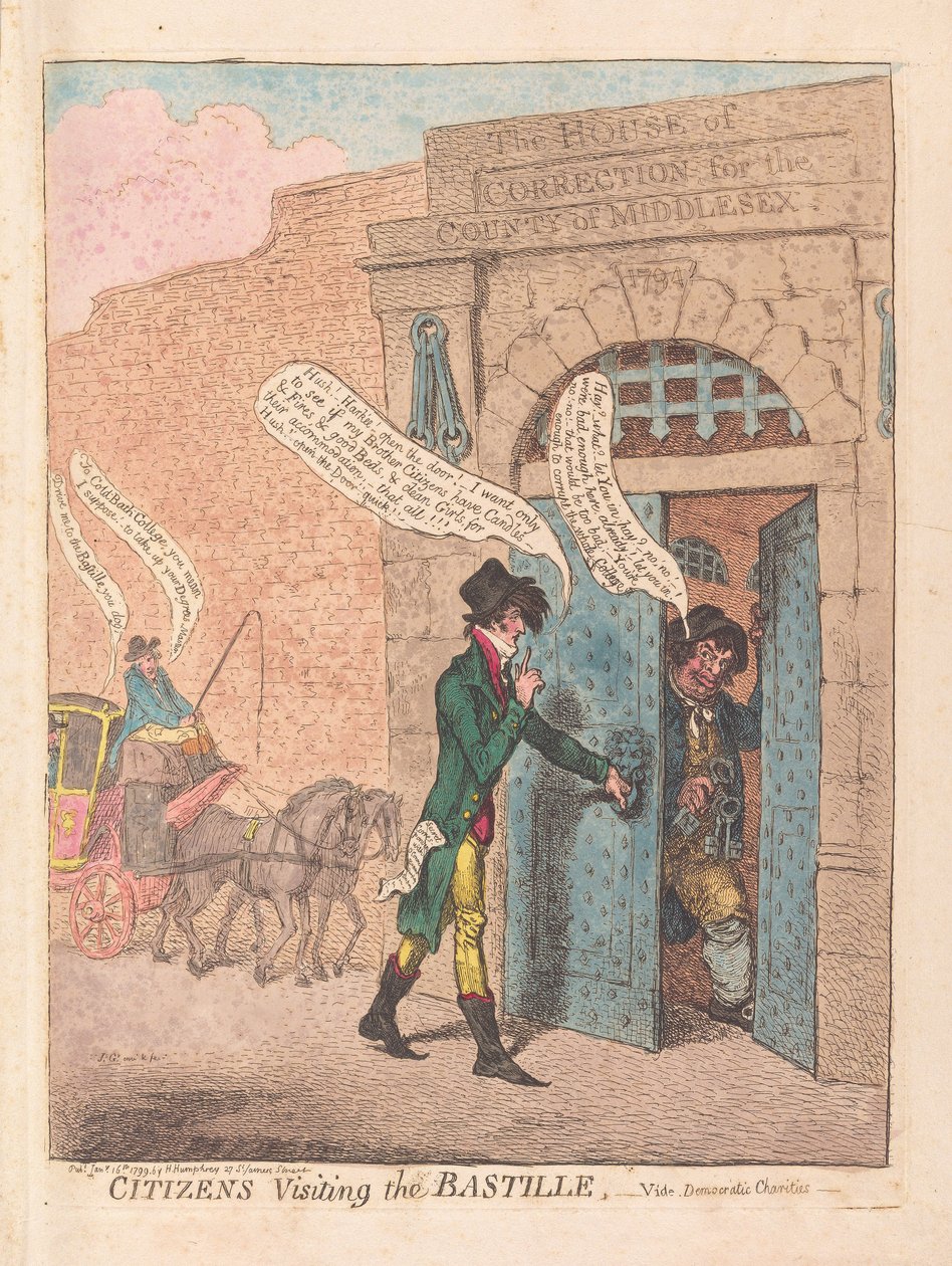 Občané na návštěvě Bastily, hospoda. 1799 (ručně kolorovaná rytina) od James Gillray