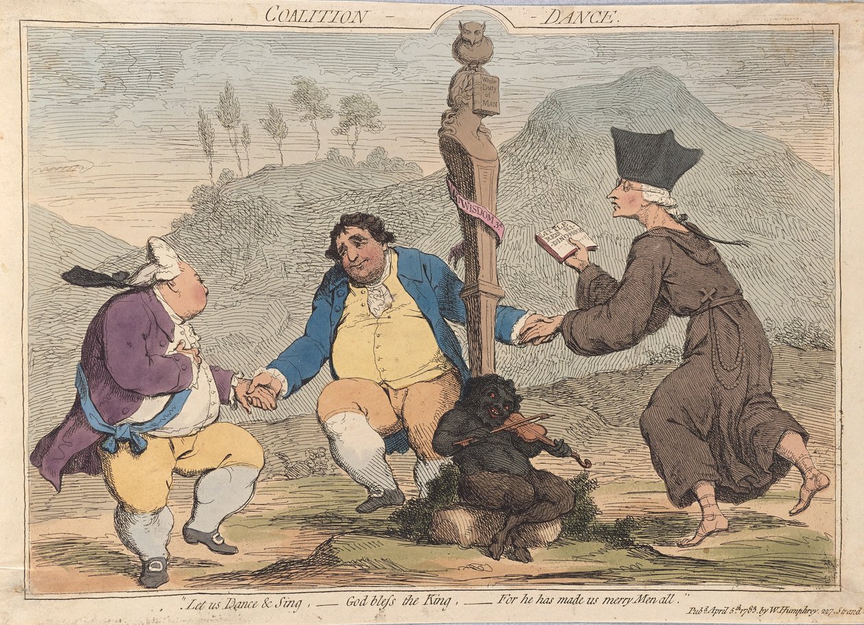Koaliční tanec, hospoda. 1785 (ručně kolorovaná rytina) od James Gillray