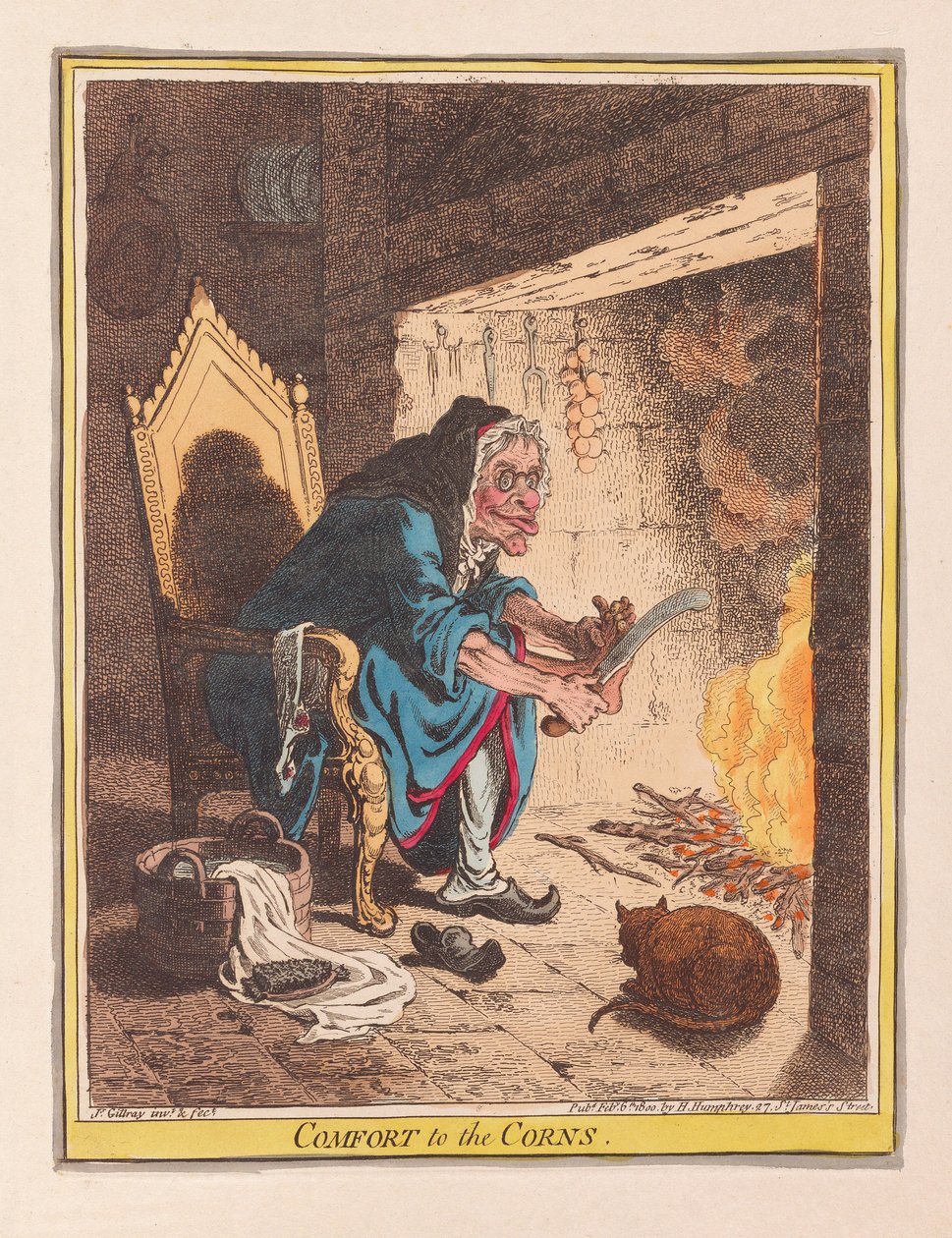 Pohodlí do Corns, hospoda. 1800 (ručně kolorovaná rytina) od James Gillray