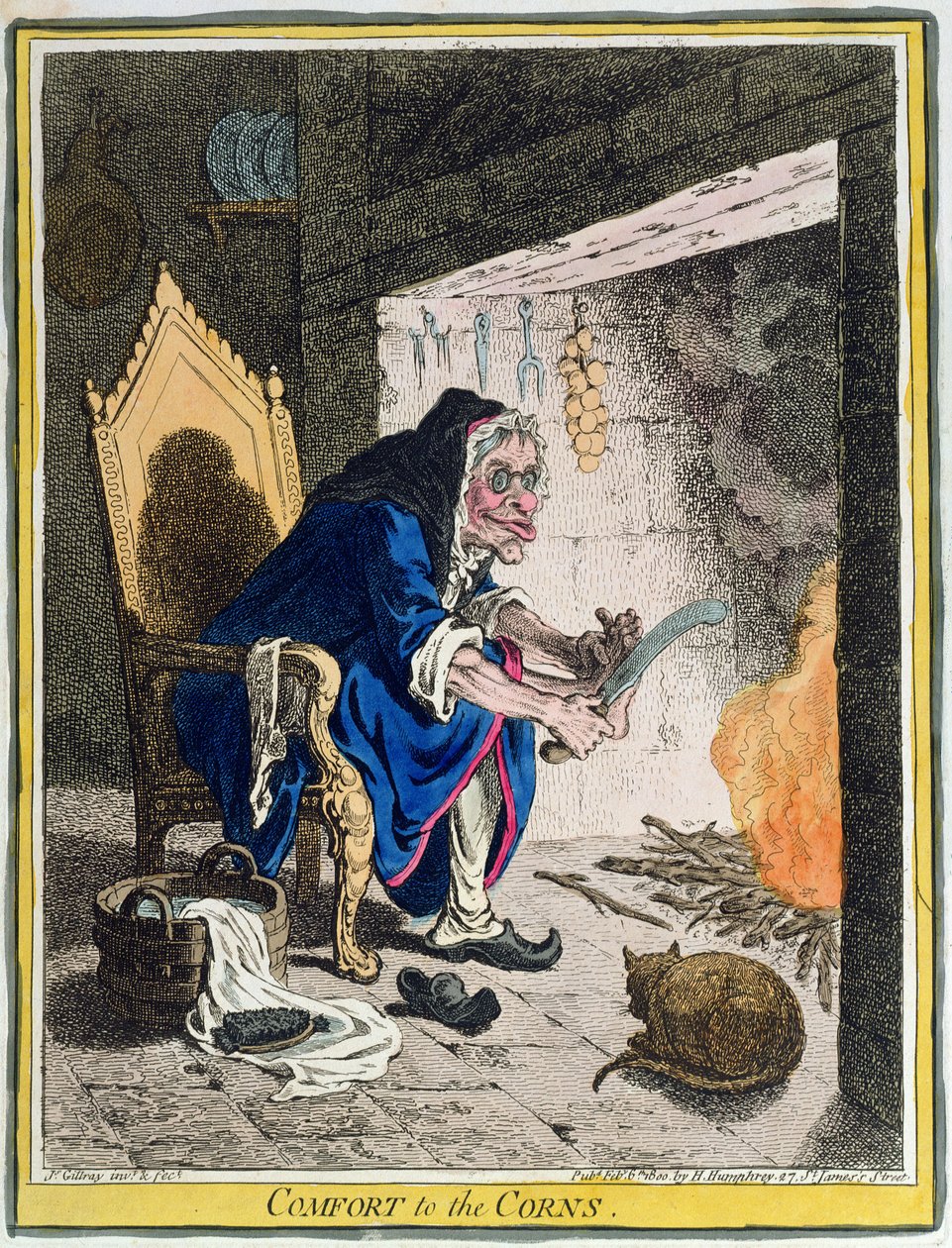 Comfort to the Corns, vydané Hannah Humphrey v roce 1800 (ručně kolorovaný lept) od James Gillray
