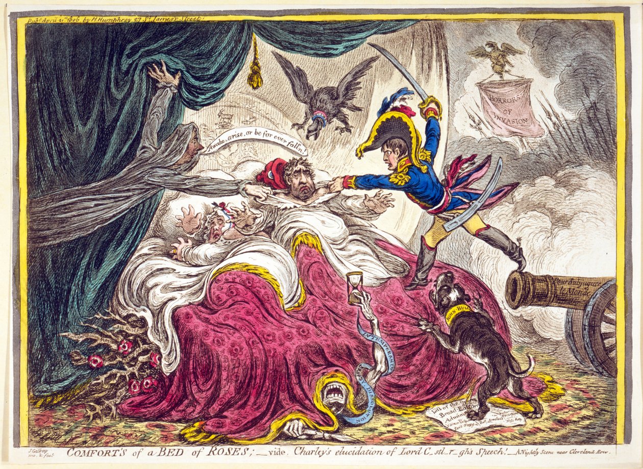 Pohodlí postele plné růží: pub. Hannah Humphrey, 21. dubna 1806 (ručně kolorovaná rytina) od James Gillray