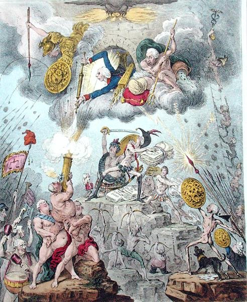 Confederated Coalition, neboli The Giants Storming Heaven, publikovala Hannah Humphrey v roce 1804 (lept, rytina, akvatinta a akvarel na papíře) od James Gillray