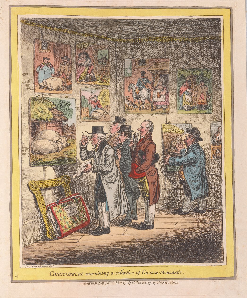 Znalci zkoumající sbírku George Morlands, hospoda. 1807 (ručně kolorovaná rytina) od James Gillray