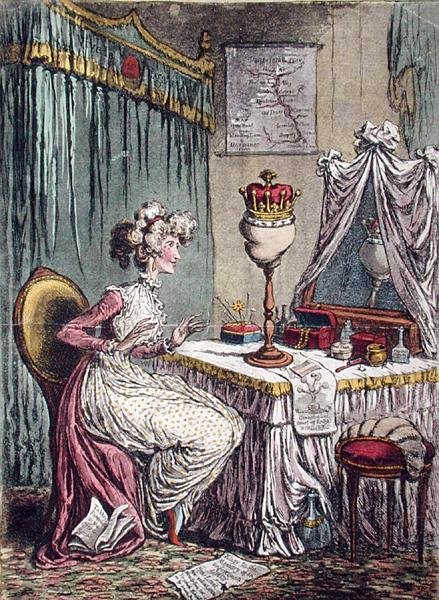 Contemplations upon a Coronet, vydané Hannah Humphrey v roce 1807 (ručně kolorovaný lept s akvatintou) od James Gillray