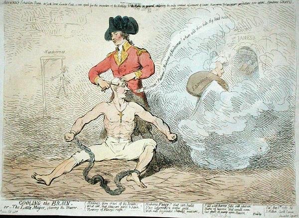Cooling the Brain aneb The Little Mayor Shaving the Shaver, vydal J. Aitken v roce 1789 (ručně kolorovaný lept) od James Gillray