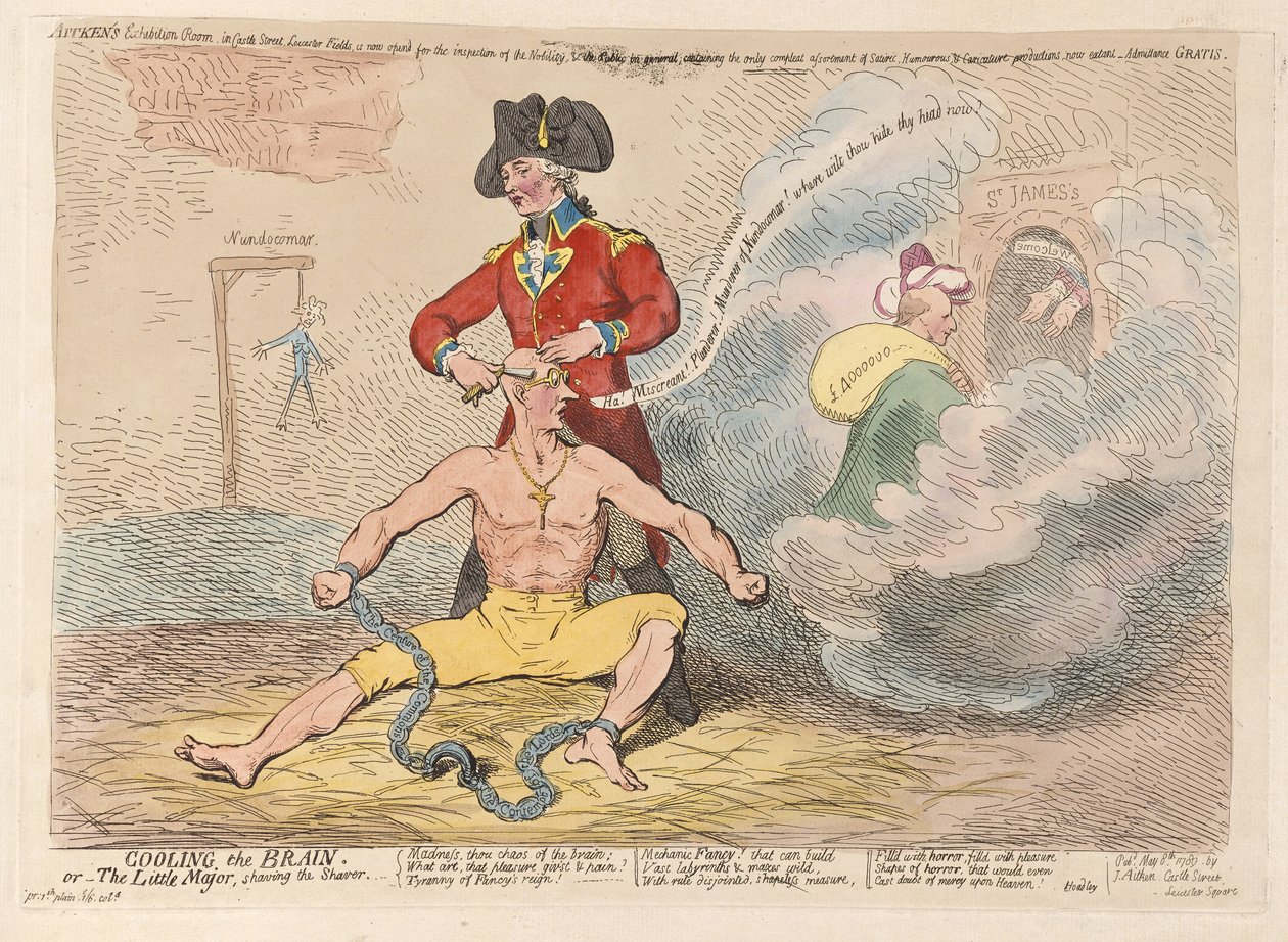 Cooling the Brain aneb Malý Major holení Shaver, hospoda. 1789 (ručně kolorovaná rytina) od James Gillray